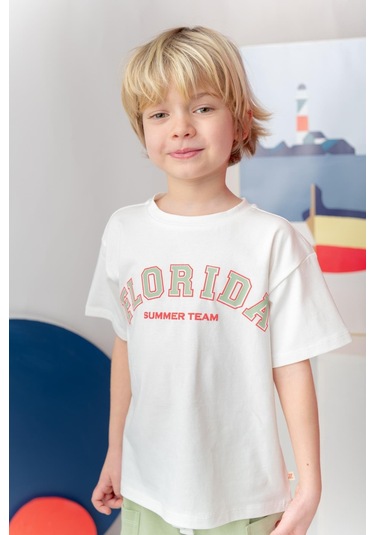Erkek Çocuk Florida Baskılı T-shirt - Ekru Ekru