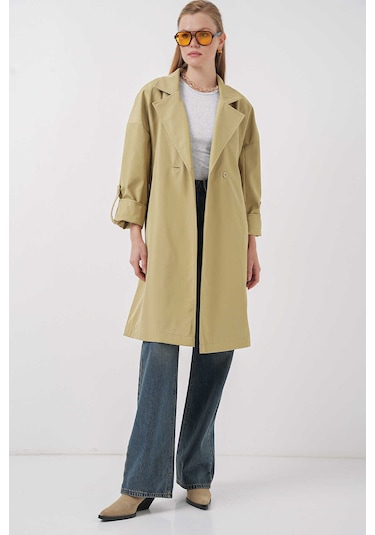 Gabria Kol Katlamalı Bel Bağlamalı Trenchcoat Yeşil