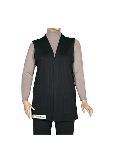 Hesna Kadın Buğra Cepli Düğmesiz Siyah Yelek Siyah