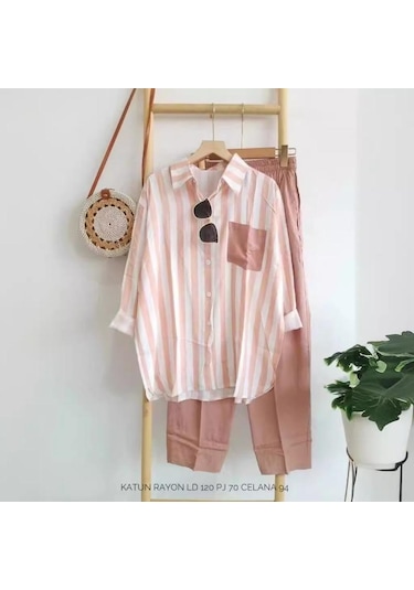 M-5xl Kadın Giyim İlkbahar Yaz Uzun Kollu Üst + Pantolon Yeni Çizgili Tek Sıra Yaka Gömlek + Geniş Paça Pantolon 2 Adet Pembe