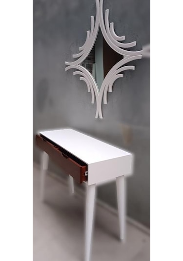 Dresuar Ahşap Kayın Retro Ayak Çift Çekmece CNC Ayna Beyaz Ceviz El Yapımı Beyaz - Ceviz