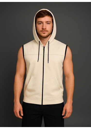Axxel Erkek Krem Fermuarlı Kapüşonlu Kanguru Cepli Kolsuz Yelek-y1142 Krem