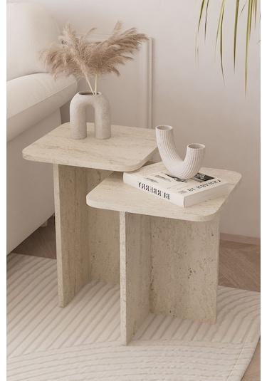 Kare Zigon Sehpa Takımı, 2 Li Set, Yan Sehpa - Traverten Desen