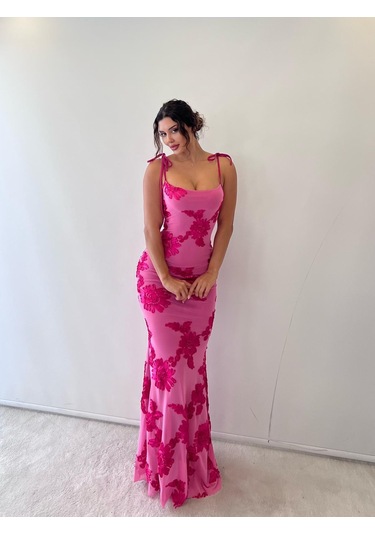 Pembe Ayarlanabilir Askılı Çiçekli Astarlı Maksi Pembe