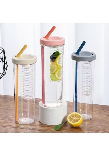 Sarı 700 Ml Plastik Su Pipetli Şişe Ve Meyve Demlik Sağlıklı Çay Bardağı Seyahat İçme Şişeleri Taşınabilir Fitness Spor Açık Sarı