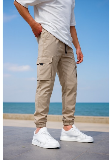 Kargo Cepli Paraşüt Kumaş Bej Renk Erkek Pantolon-1816 Bej
