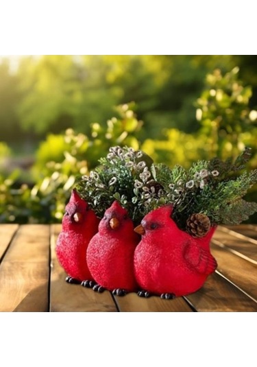 Novahub Kırmızı Kuşlu Reçine Saksı - Dayanıklı Masaüstü Dekorasyon