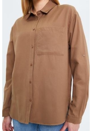 9942 Kadın Oxford Uzun Kol Basic Gömlek Vizon Vizon