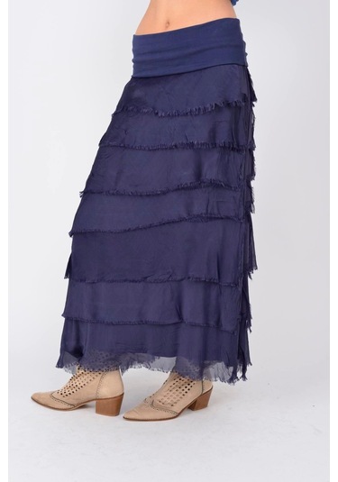 İtalyan 2 Beden Ince Gösteren Kat Kat Ipek Etek & Straplez Elbise Lacivert