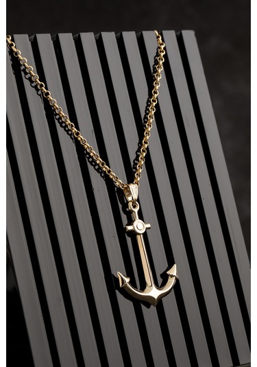 14 Ayar Altın Rolo Zincirli Büyük Boy Taşsız Çapa Erkek Kolye