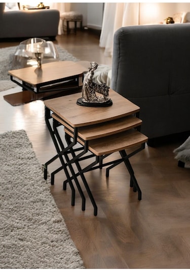 3 Lü Zigon Sehpa Metal Ayaklı Çam Ahşap Kare Misafir Sehpası