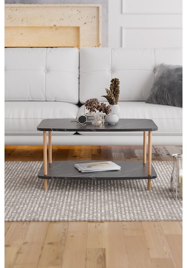 Orta Sehpa Ahşap Ayaklı Sehpa İki Raflı Sehpa-siyah