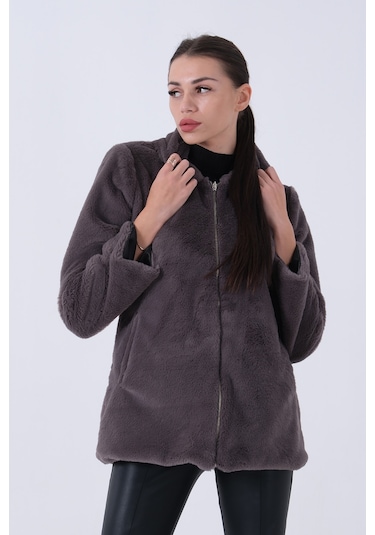 Feminist Gri Fermuarlı Oversize Kapüşonlu Çift Cepli Peluş Mont 0108078.06 Gri