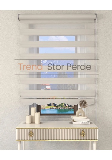 Geniş Plise Beyaz Etek Dilimli Zebra Stor Güneşlik Perde Kırık Ekru