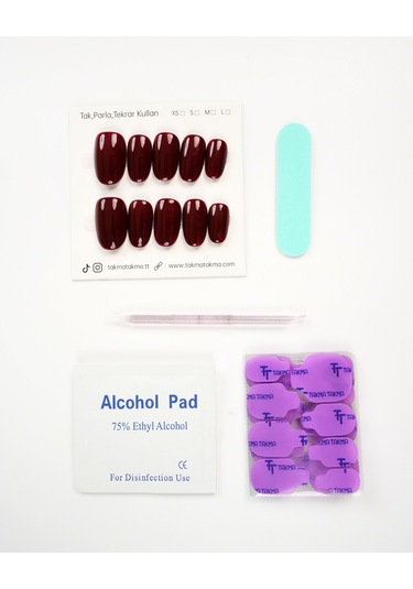 15'li Bordo Kısa Oval Tt1420 Tekrar Kullanılabilir El Yapımı Protez Takma Tırnak S