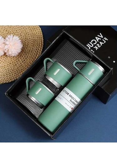 Trendooze Sunshine022 Paslanmaz Çelik 500ml Yeşil Termos Seti Sıcak Soğuk Saklar Kupa Hediye Yeşil Yeşil