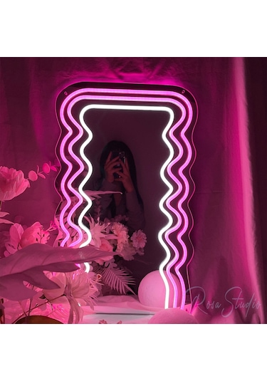 90 Cm Ledli Desenli Dekoratif Duvar Boy Aynası Şeffaf