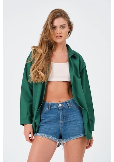 Kadın Koyu Yeşil Oversize Uzun Basic Gömlek Koyu Yeşil
