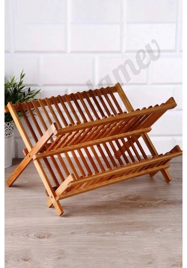 Madamev 2 Katlı Bambu Katlanabilir Tabaklık Bulaşıklık Büyük Boy Mutfak Dekoratif Bulaşık Kurutma Ra Bambu