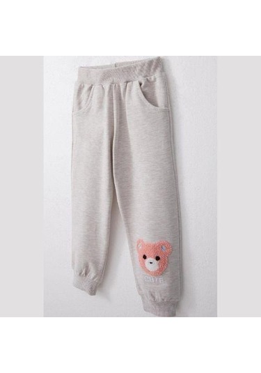 Kız Çocuk Ayıcık Nakışlı Pamuklu Eşofman Takım-14585 Gri