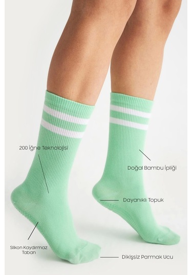 Bambu Kadın Yeşil Kaydırmaz Taban Silikon Baskı Yoga Fitness Pilates Bale Dans Tenis Çorabı Çok Renkli