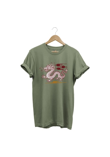 Mitolojik Asya Çin Ejderha Baskılı %100 Pamuk Regular Fit Bisiklet Yaka Haki T-shirt Haki