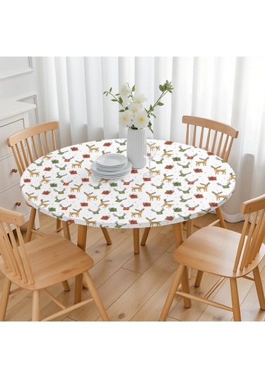 Noel Desenli Yuvarlak Elastic Masa Örtüsü, 45-52 İnç, Suya Dayanıklı, Piknik Ve Kamp İçin Noel Geyik Hediyesi