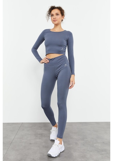 Tommy Life Petrol Uzun Kollu Dar Kalıp O Yaka Kadın Crop Top T-shirt - 97150 Petrol