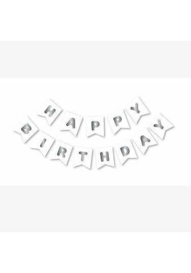 Beyaz Zemin Gümüş Happy Birthday Banner