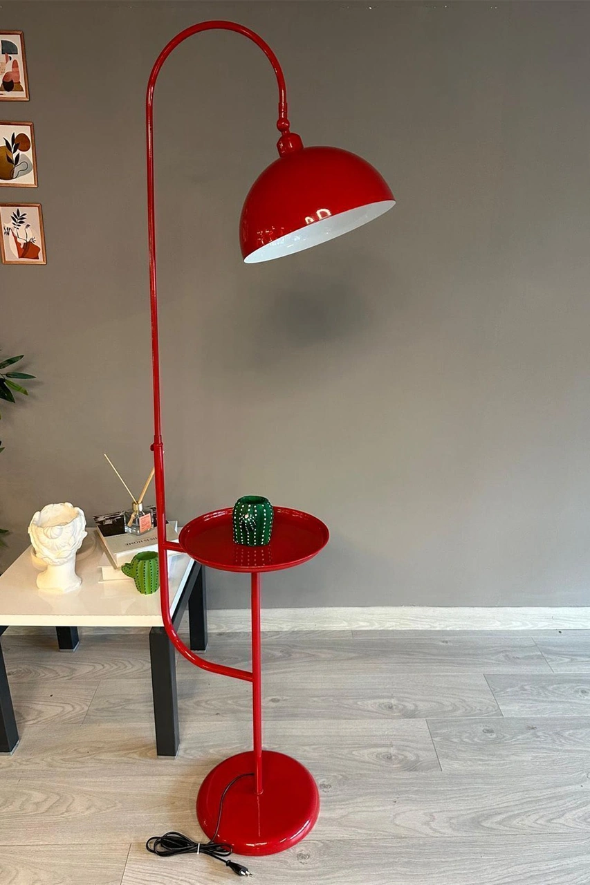 Kırmızı Lambader Hareketli Başlık Tepsili Modern Dekoratif Metal Oturma Odası Çalışma Odası Zemin Lambası Kırmızı