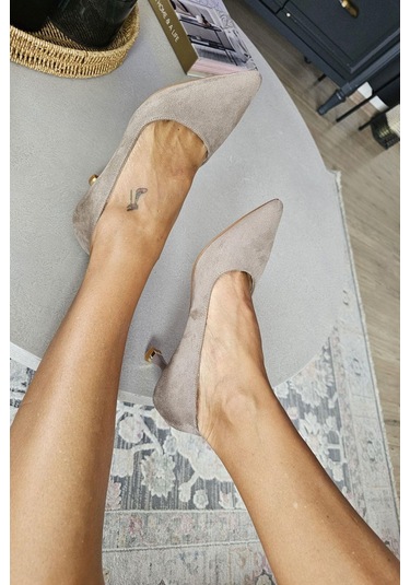 10 670 Topukla Kadın 6 Cm Kadeh Topuk Stiletto Vizon Süet