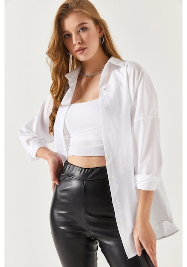 Armonika Oversize Uzun Basic Gömlek - Beyaz