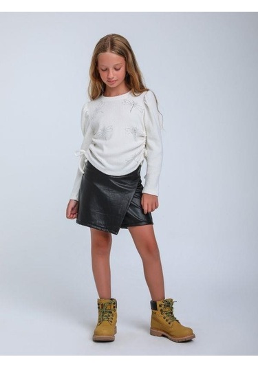 Kız Çocuk Fitilli Taş İşleme Yusufcuk Detaylı Bluz-14309 Ekru