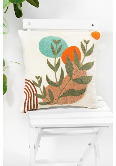 Bohem Tarzı Punch Nakışlı Kırlent Kılıfı 45x45 Cm, Beyaz Kumaş, Dekoratif Yastık Kılıfı Karışık/Çok Renkli