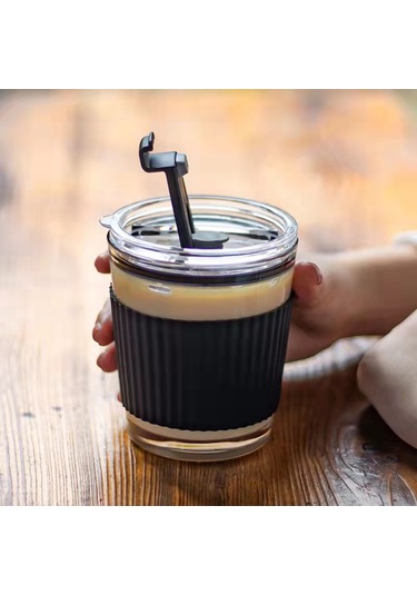 Yunboo Siyah Cam Kahve Bardakları: Kapak Ve Pipetli, Isıya Dayanıklı, Modern Tasarım Siyah