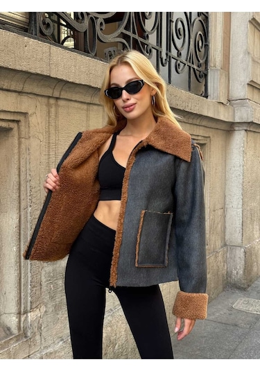 Kürk Detaylı Kışlık Denim Ceket Siyah