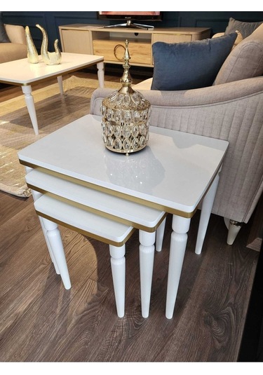 Akset 3lü Lüx Zigon Sehpa Beyaz Gold