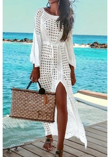 Kadın Yarasa Kol Triko Maxi Boy Pareo Beyaz