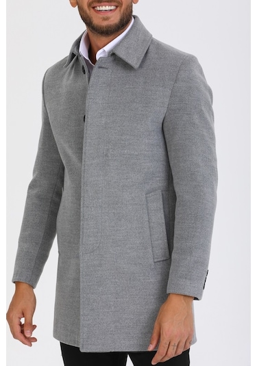 Erkek Açık Gri Dar Kesim Yün Karışımlı Kaşe Gömlek Yaka Kaban-Açık Gri