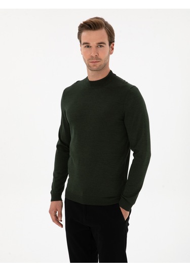 Cacharel Koyu Yeşil Slim Fit Yün Karışımlı Çeyrek Balıkçı Basic Triko Kazak Yesıl