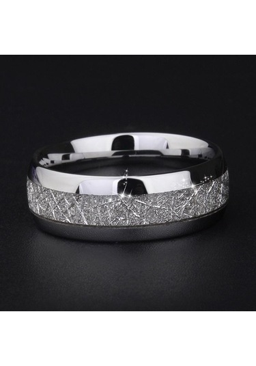 8mm Genişlik Meteorit Taşı Desenli Kakma Gümüş Rengi Tungsten Çelik Yüzük Çift Alyansı Nişan Takısı Arı Altın