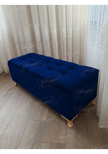 Lüks Çizgi Kapitoneli Sandıklı Puf Bench 120 Cm Gold Ayak Lacivert