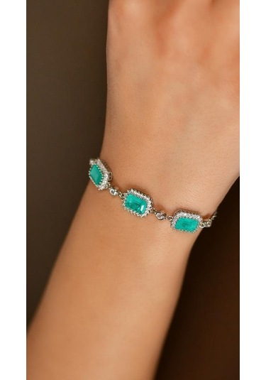 Roza Silver Paraiba Taşlı Rodyum Baget Anturaj Gümüş Bileklik