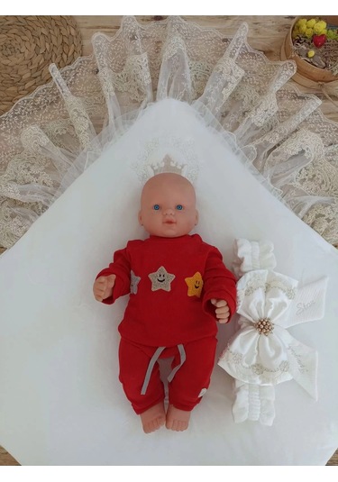 Yenidoğan Sahra Taç Nakışlı Plazma Taşlı Güpürlü Fiyonklu Duvaklı Trilüks Kundak Bebek Battaniyesi Sütlü Kahve Çok Renkli