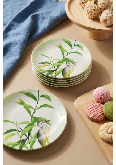Grandora Bambu & Turna Desenli 20 Cm, 6 Lı Set Pasta Tabağı Dekoratif Sunum, Pasta, Tatlı Servis Tabağı Yeşil