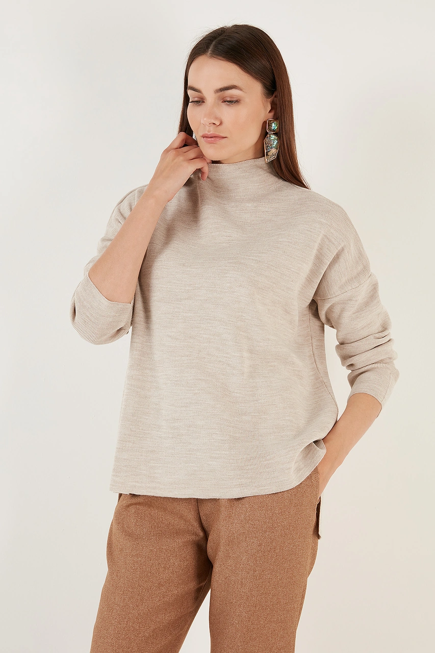 Lela Pamuklu Arkası Uzun Dik Yaka 2'Li Paket Triko Bayan Kazak 4615002S2 Mor-Bej