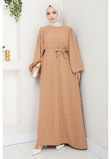 Kuşaklı Ponpon Detay Ayrobin Elbise 1538 - Vizon Vizon