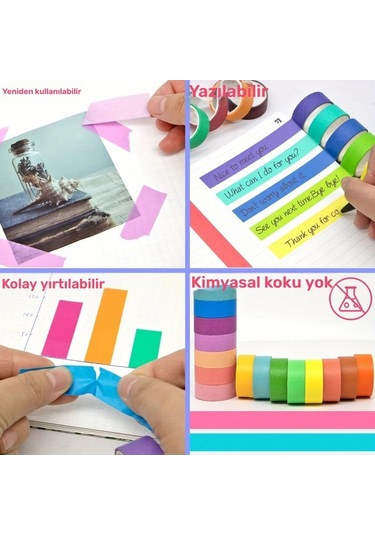 Honeybeeshop 60 Rulo 15mm Gökkuşağı Maskeleme Bandı Bullet Journal Scrapbooking Dıy Sanat