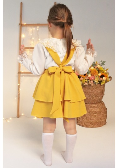 Kız Çocuk  Helen Sarı Askılı Kat Kat Bağlama Jile Elbise Dantel Detay Ekru Uzun Kollu Bluz Takım