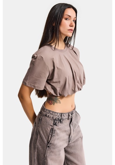 Itsbasic Kadın Açık Antrasit S6-16 Crop Balon Fit T-shirt